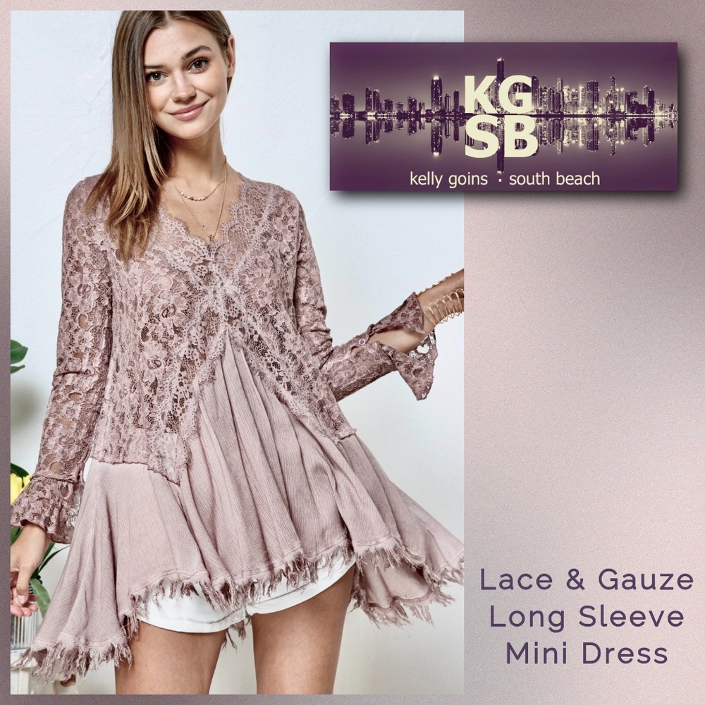 📌 KGSB DESIGNS Lace & Gauze Dress W/Bell Cuffs & Uneven, Raw & Frayed Hemlines